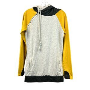 & Womens Asymmetry Neck Long Sleeve Double Hood Hoodie Gray/Yellow S Pockets